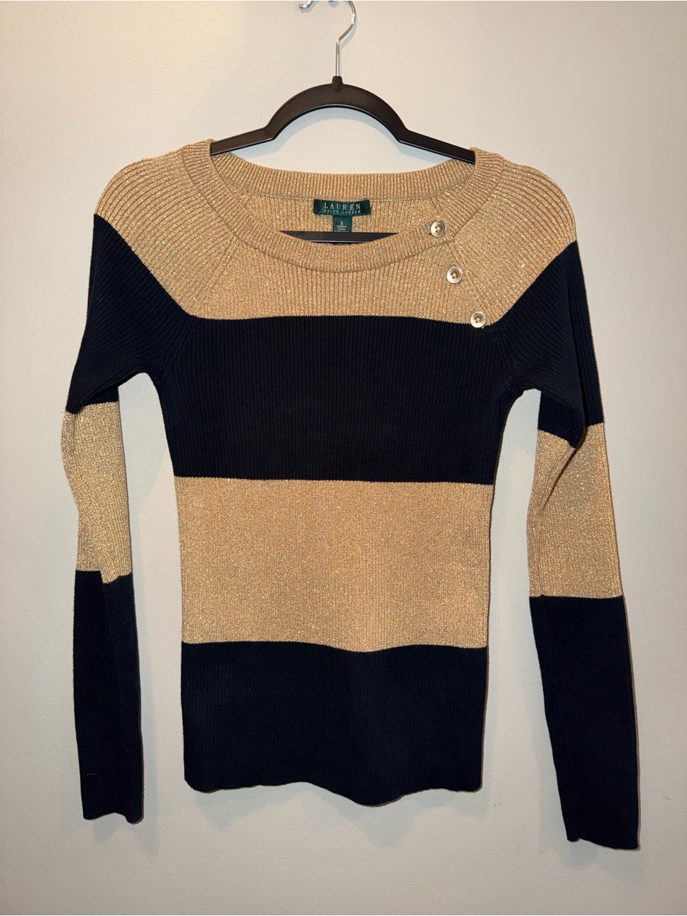 Lauren Ralph Lauren Metallic Ribbed Knit Striped Sweater size small preppy luxe